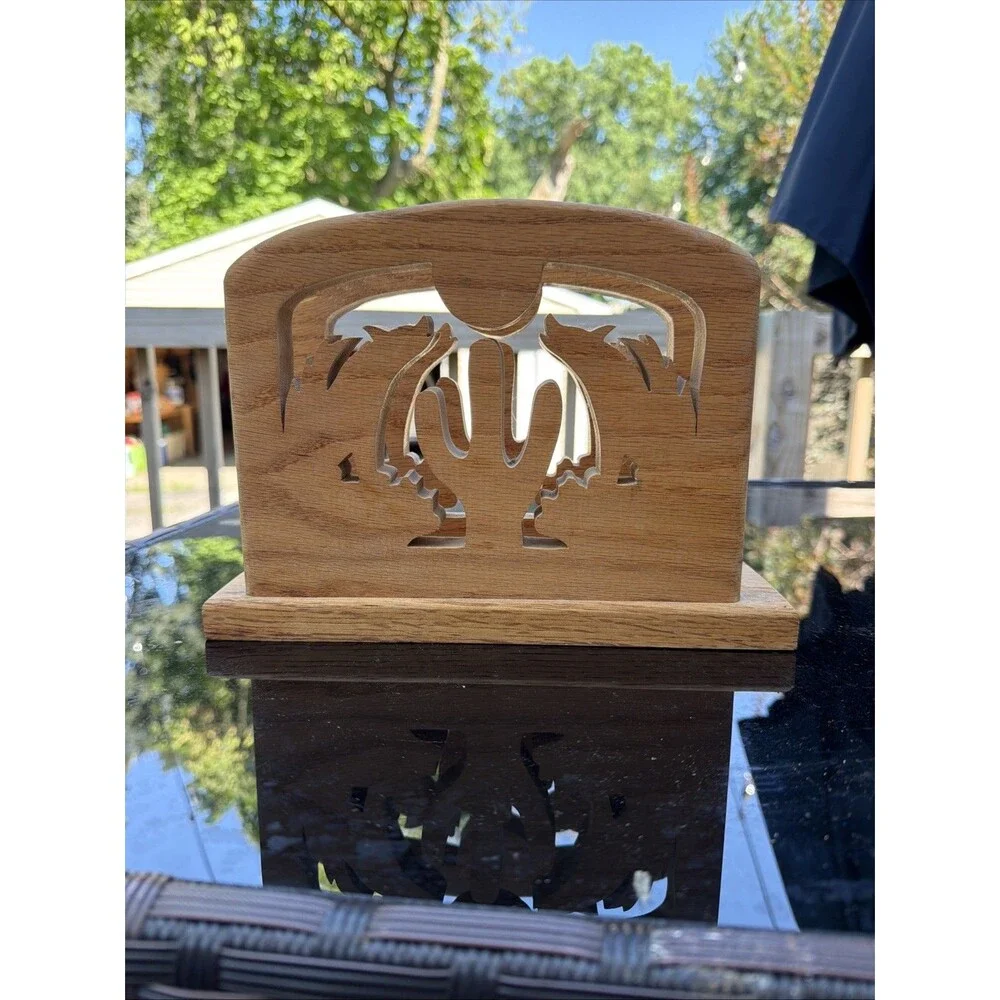 Handcrafted Wooden Wolf And Cactus Napkin Holder RusticFarmhouse Decor Southwest